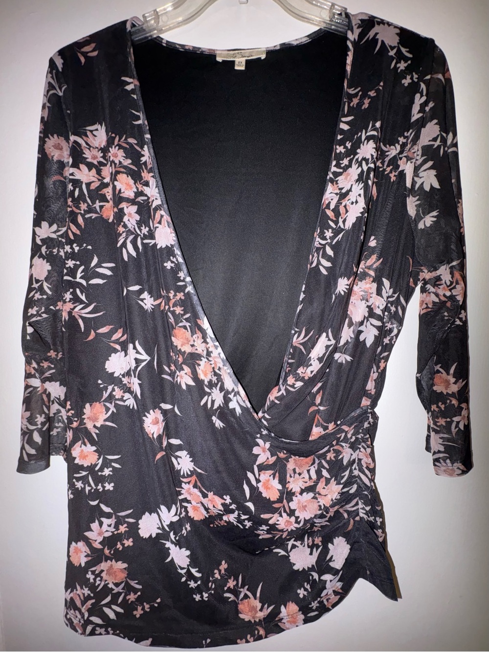Floral Surplice Wrap Top - Black with Pink Floral